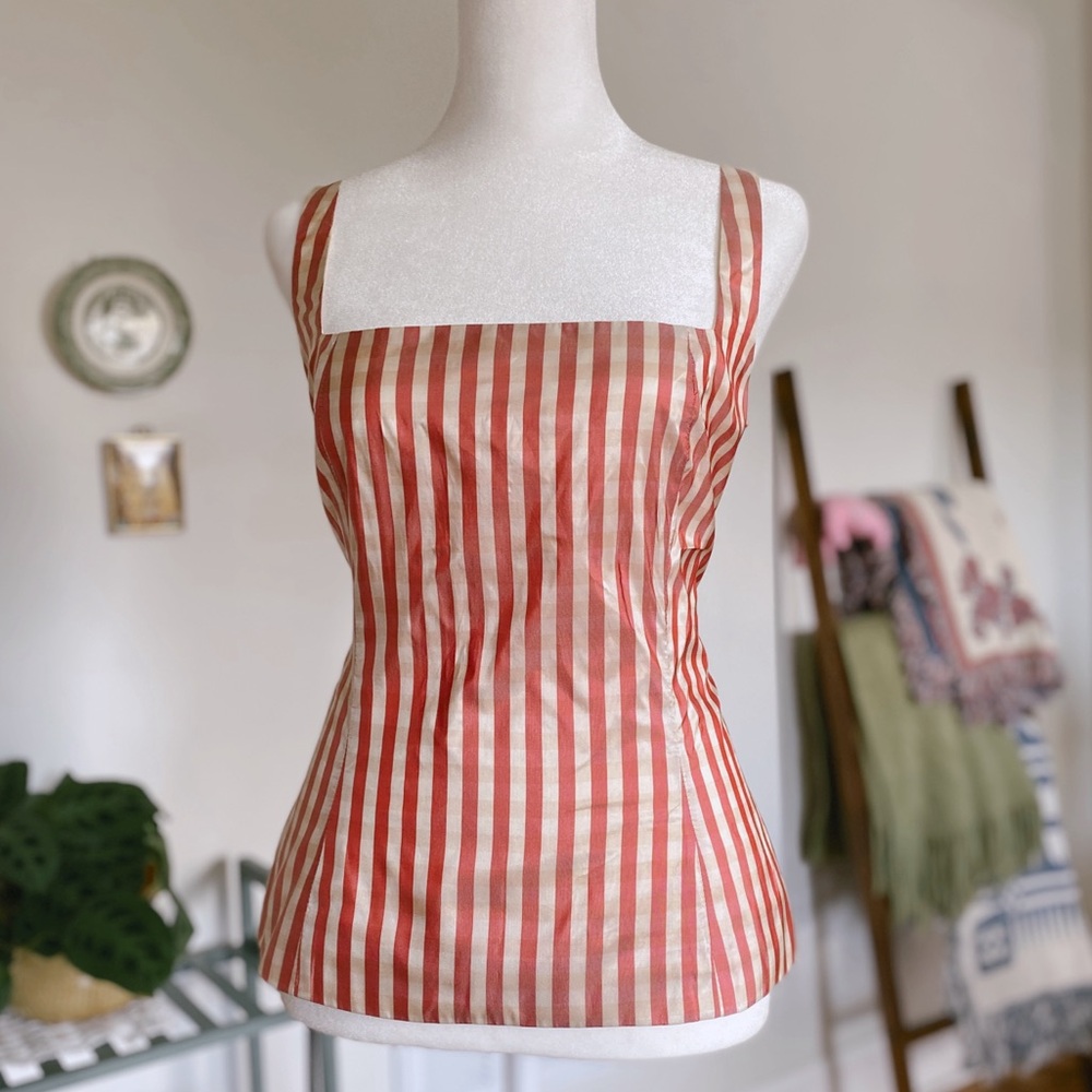 Zang Toi Red and Cream Striped 100% Silk Corset Top
